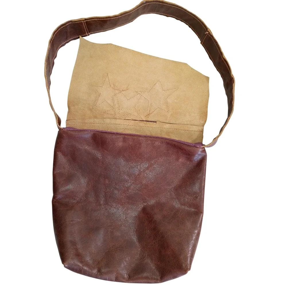 Brown Leather Star Applique Crossbody Messenger Bag Boho Distressed By Dorthea‎